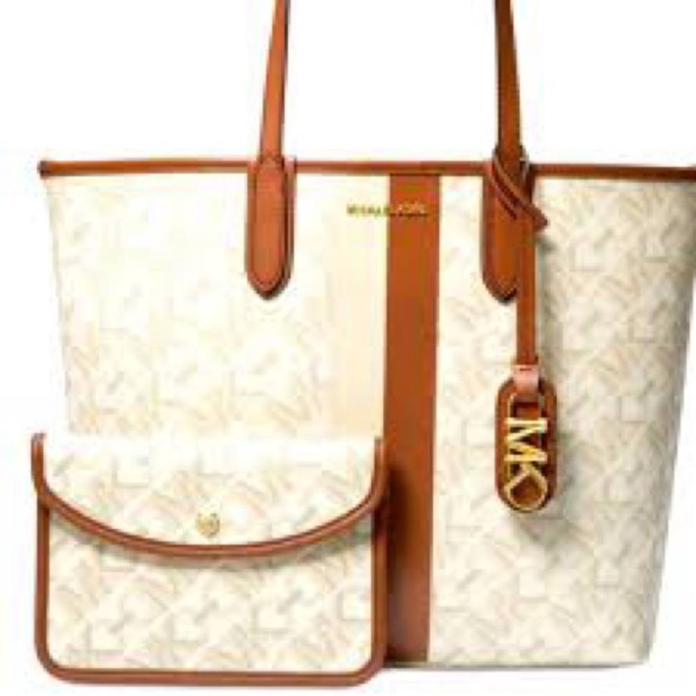 Michael Kors Empire Logo Eliza Large East West Open Tote bag Brown and Cream NWT